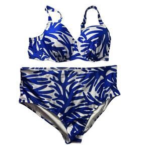 Kona Sol Women’s Swimsuit High Waist Bikini 20/2X Blue & White Coral Print Tiki